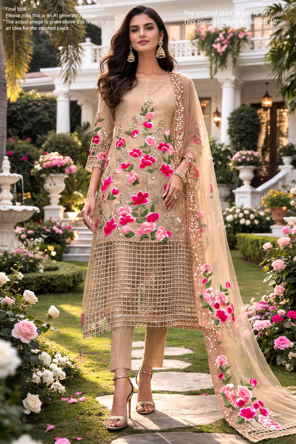 Gold Check Cutdana Rani Floral Aline