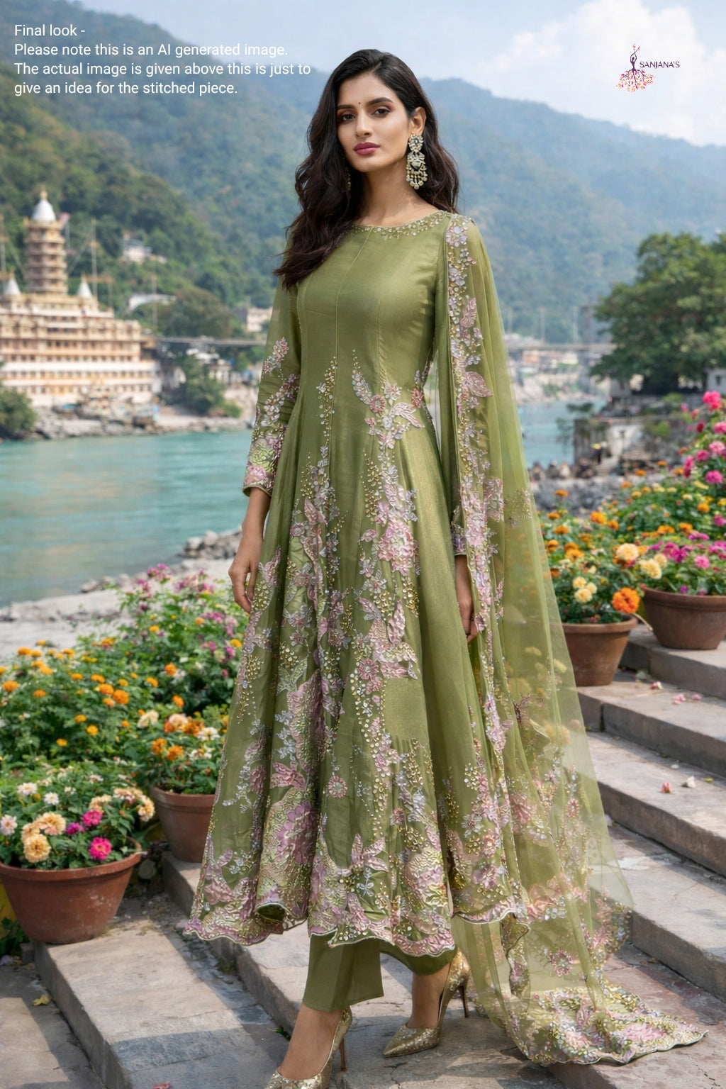 Green Pink Green Brocade Crush Organza Tissue Anarkali