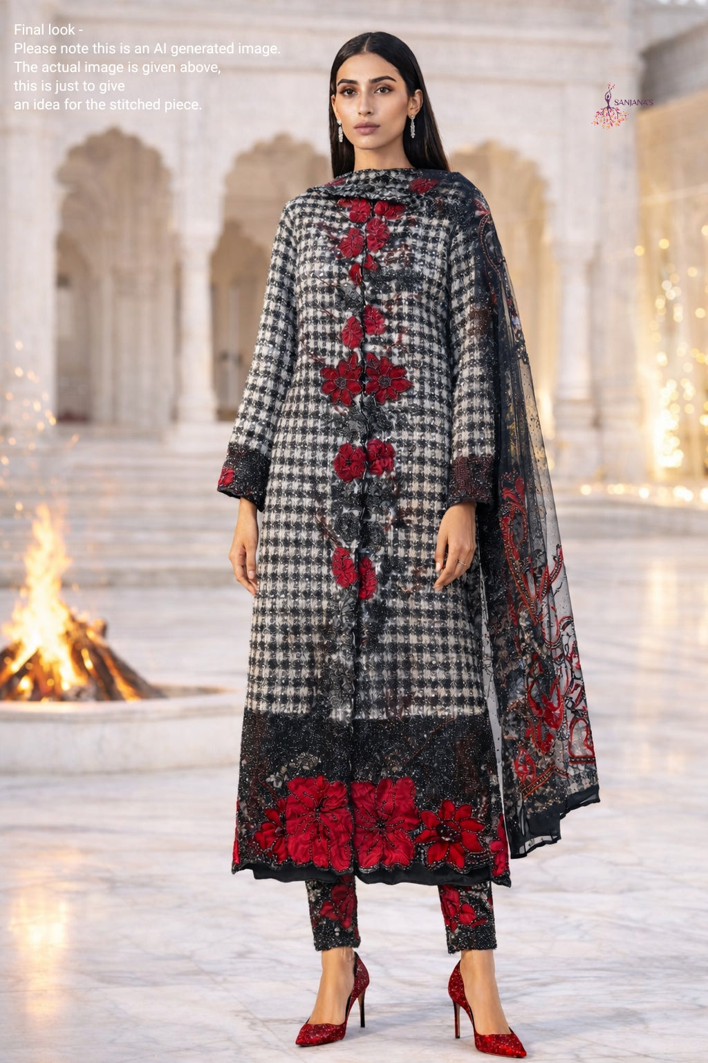 Black White Tweed Black Border Red Velvet Flower Jacket