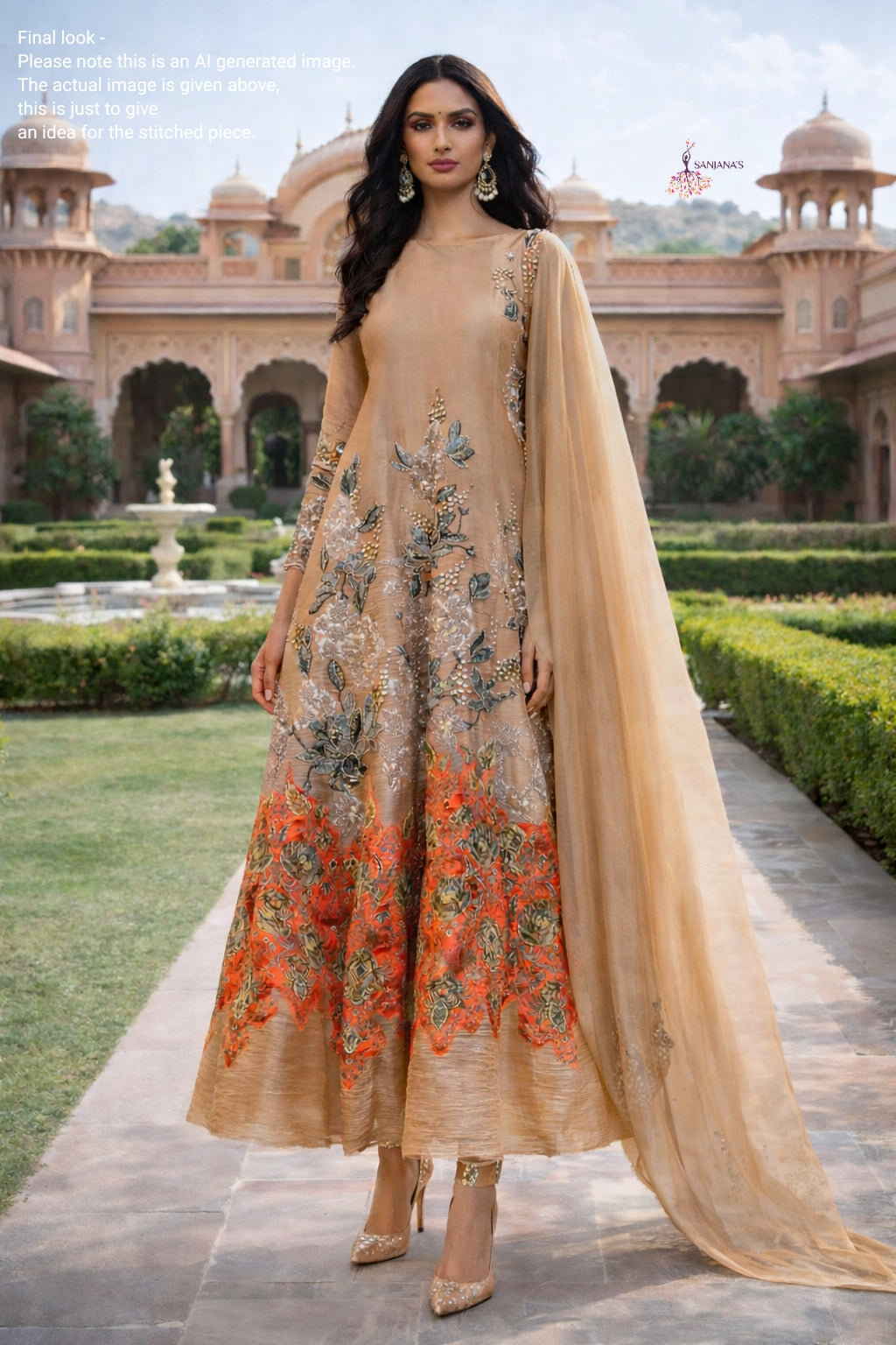 Light Orange Olive Print Border Organza Tissue Anarkali