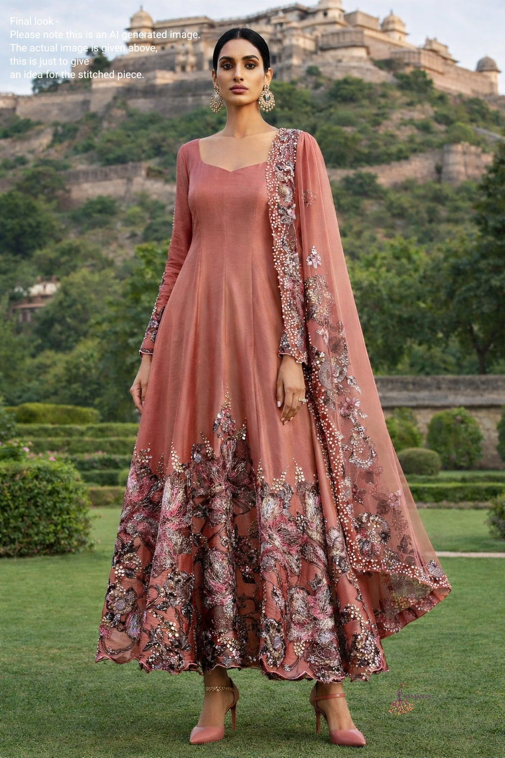 Rust Sketch Organza Tissue Anarkali