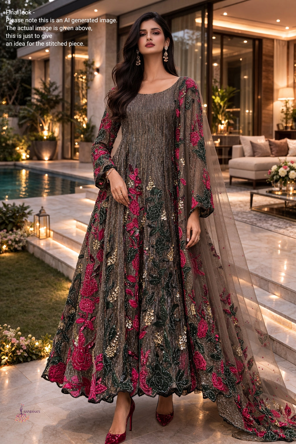 Antique Gold Pleated Maroon Fusia Green Anarkali