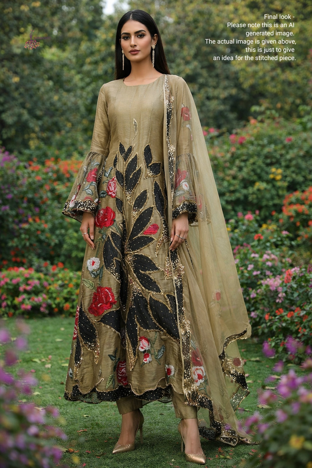 Brown Gold Organza Tissue Black Net Pleated Anarkali