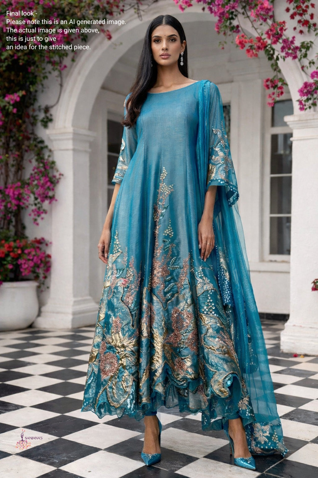 Blue Organza Tissue Big Flower Anarkali