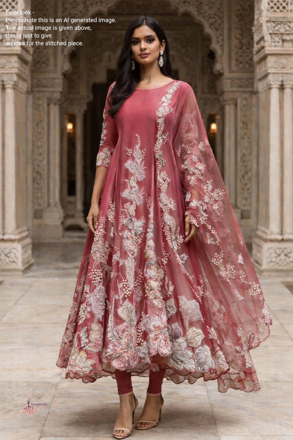Pink Printed Ribbion Organza Tissue Anarkali