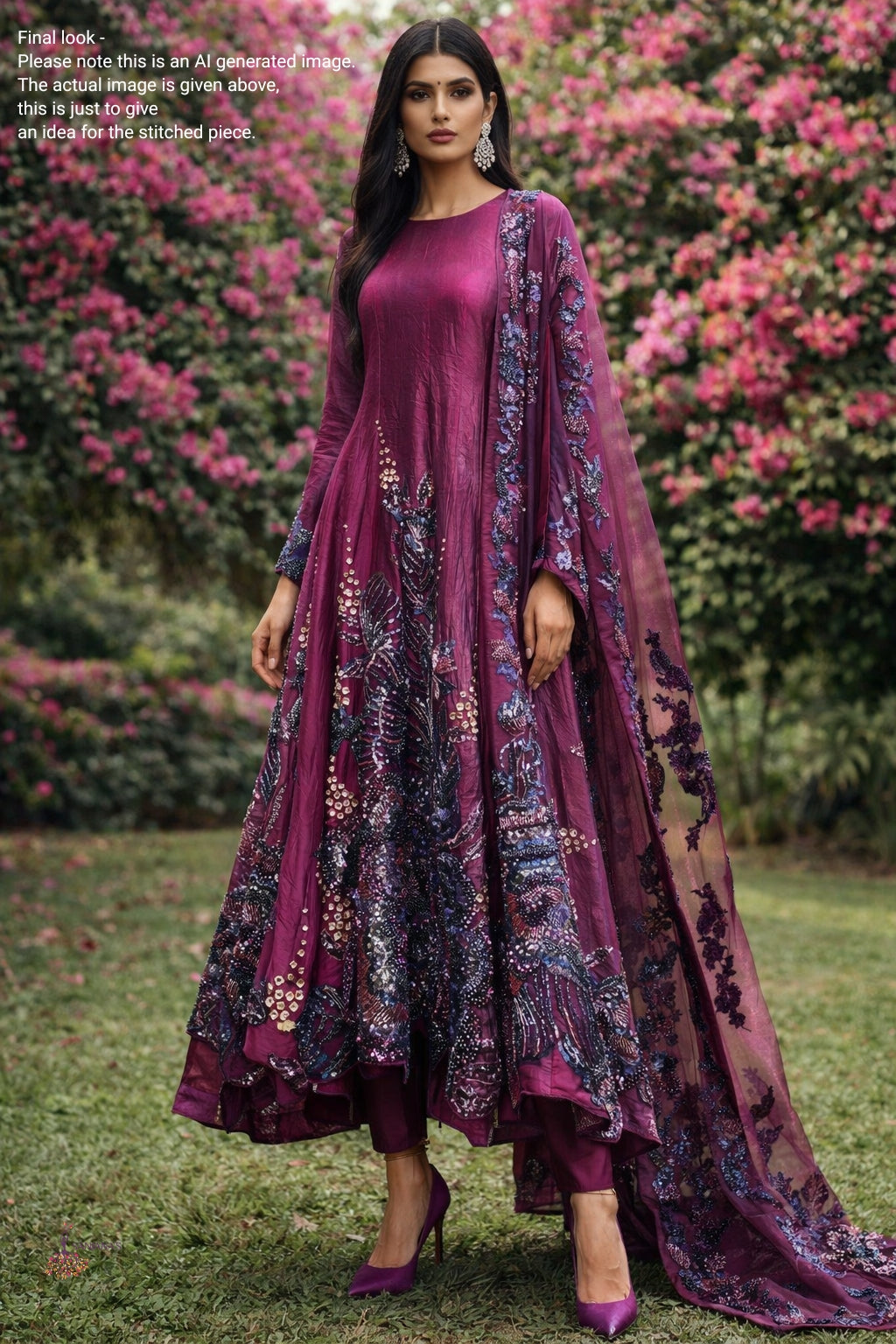 Purple Tripple Crush Soft Organza Big flower Anarkali