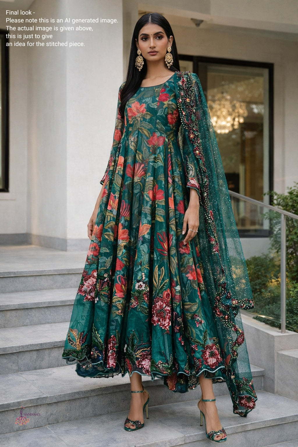 Green Printed Multi Organza Anarkali