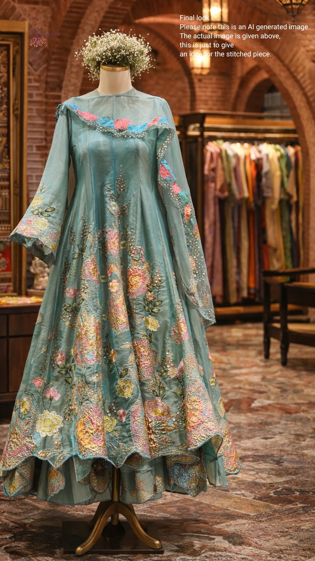 Mint Green Turk Brocade Soft Organza Tissue Anarkali