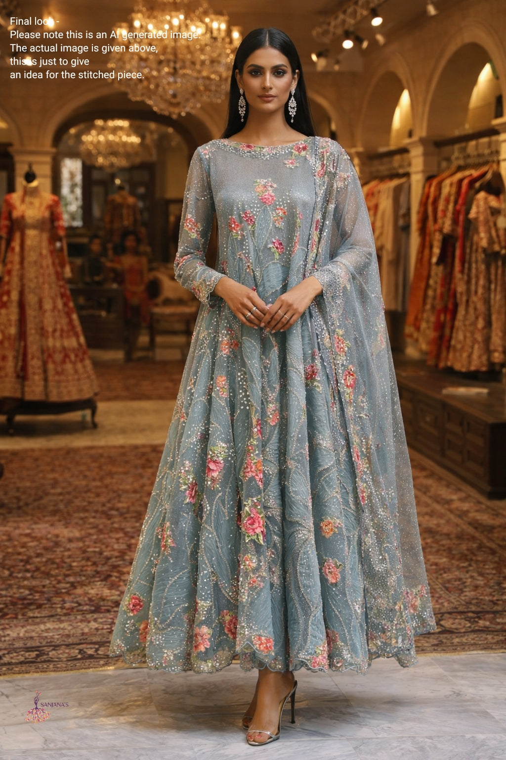 Blue Glitter Organza Net Pleated Anarkali