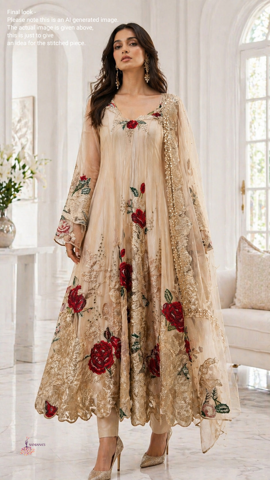 Beige Brocade Bubble Red Rose Organza Anarkali