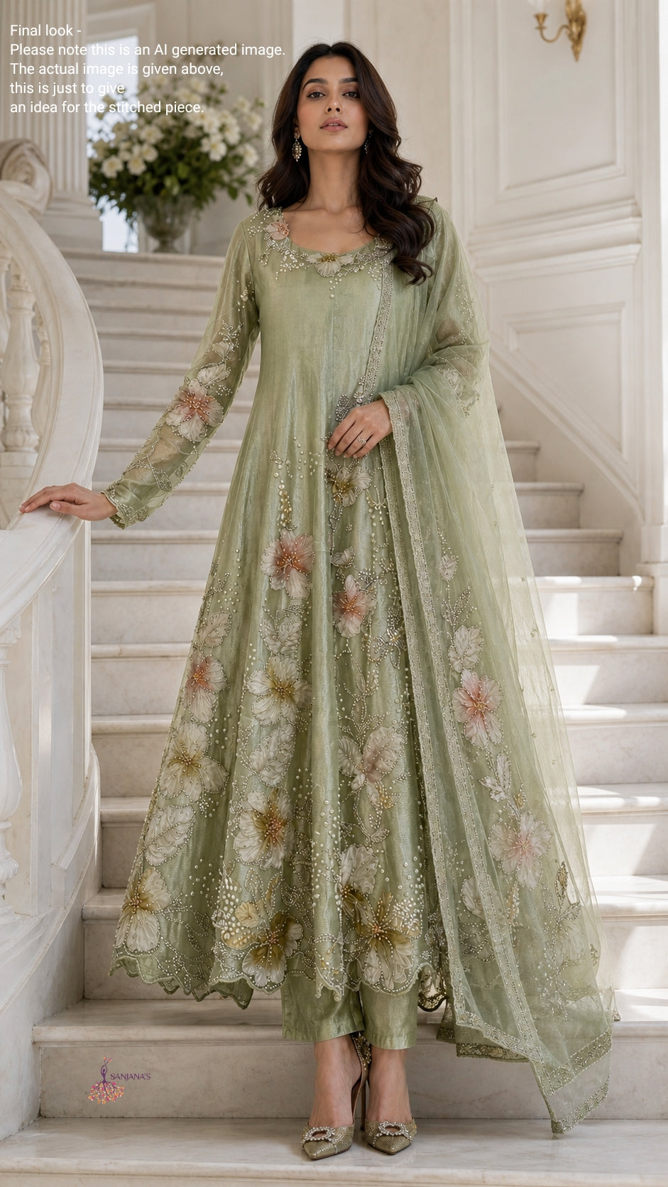 Olive Green Ribbon Soft Tissue Anarkali