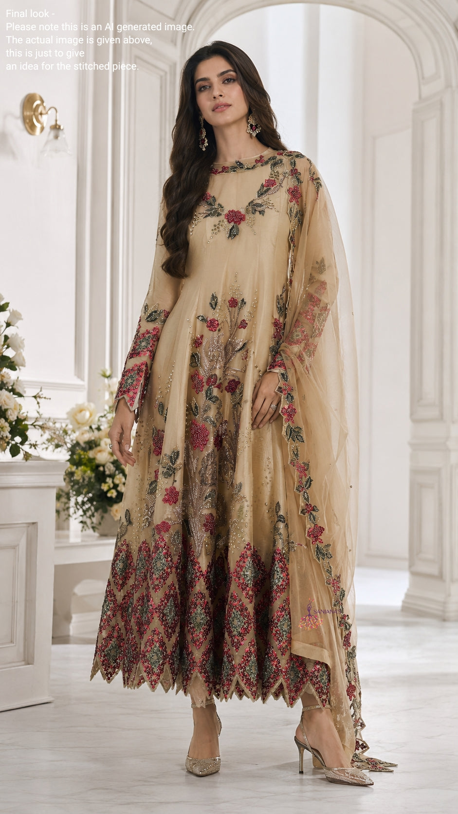 Gold Red Diamond Organza Tissue Anarkali