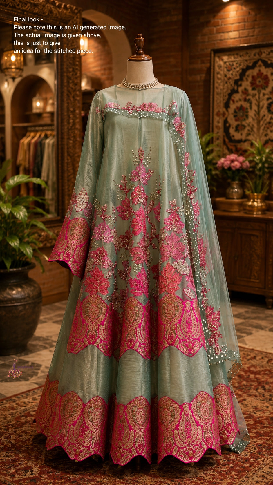 Green Rani Border Pink Leaf Organza Tissue Anarkali
