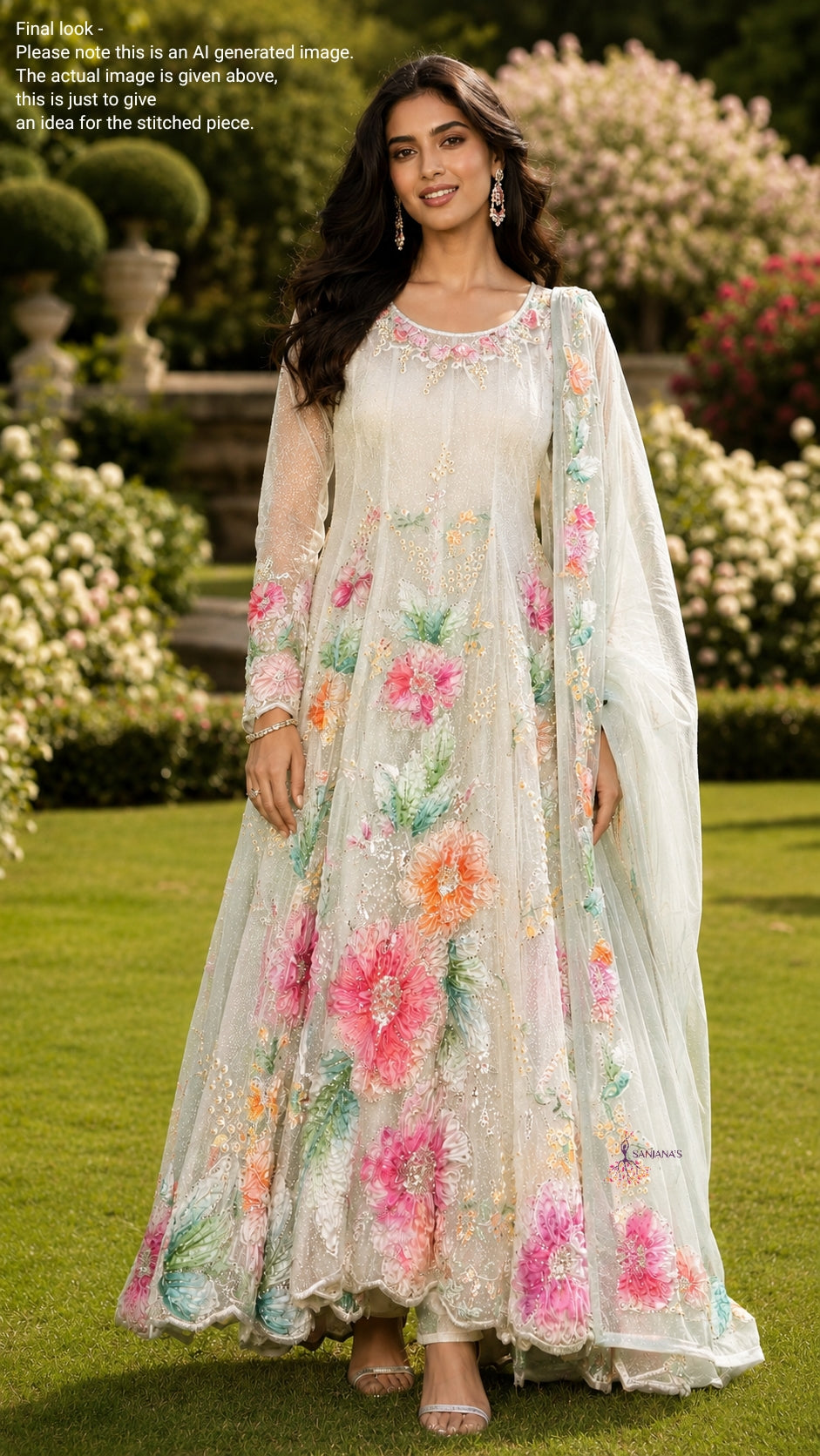White Glitter Ribbon Printed Organza Anarkali