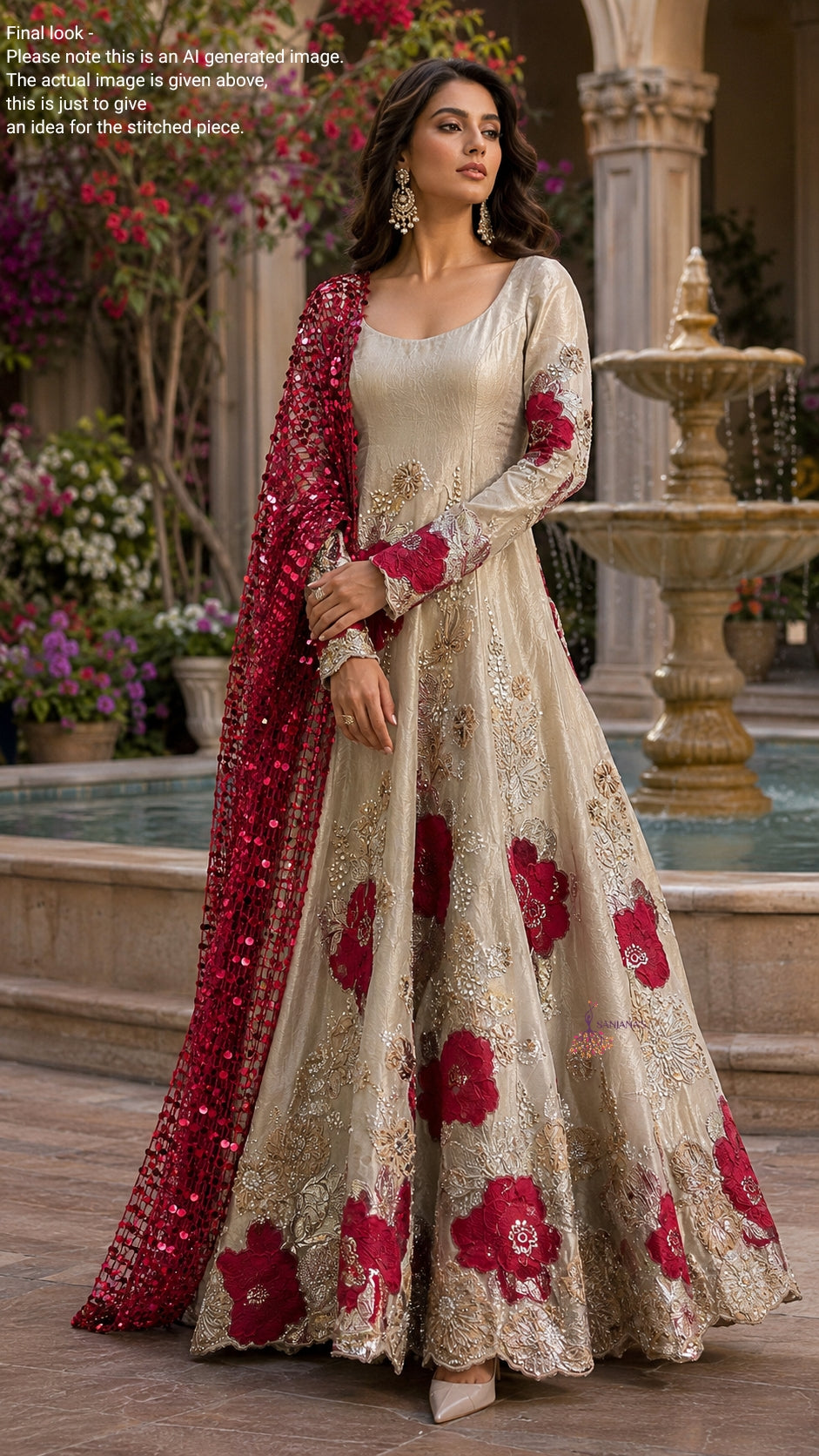 Gold Red Brocade Mesh Dupatta Shimmering Strands Anarkali