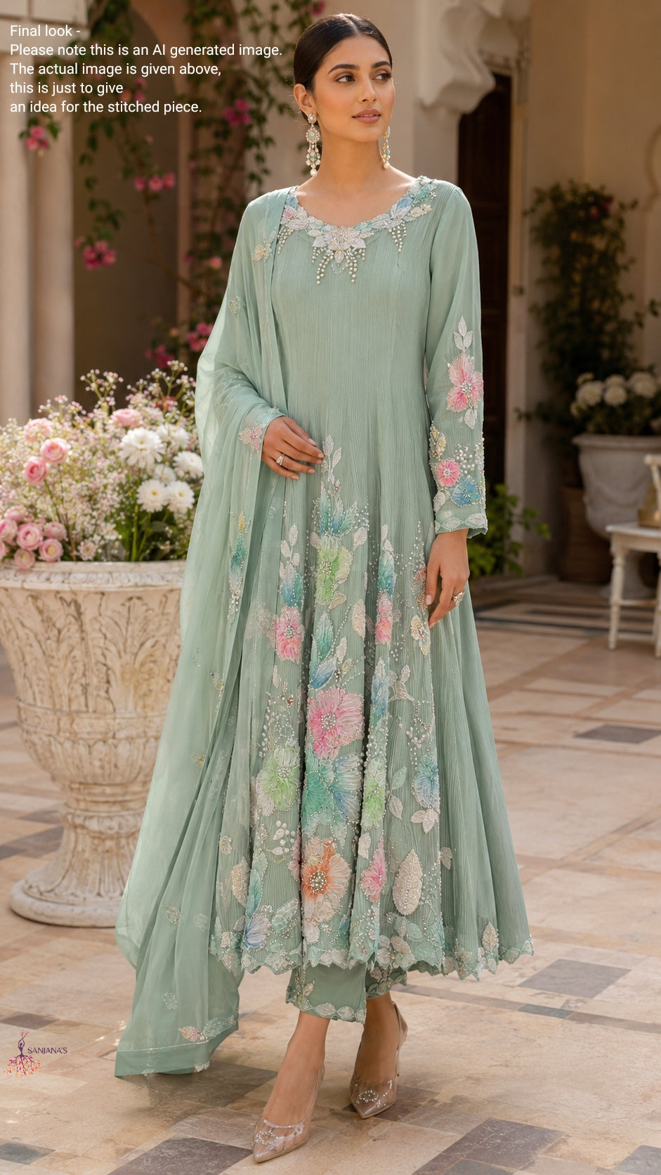 Mint Green Pleated Ribbon Printed Anarkali