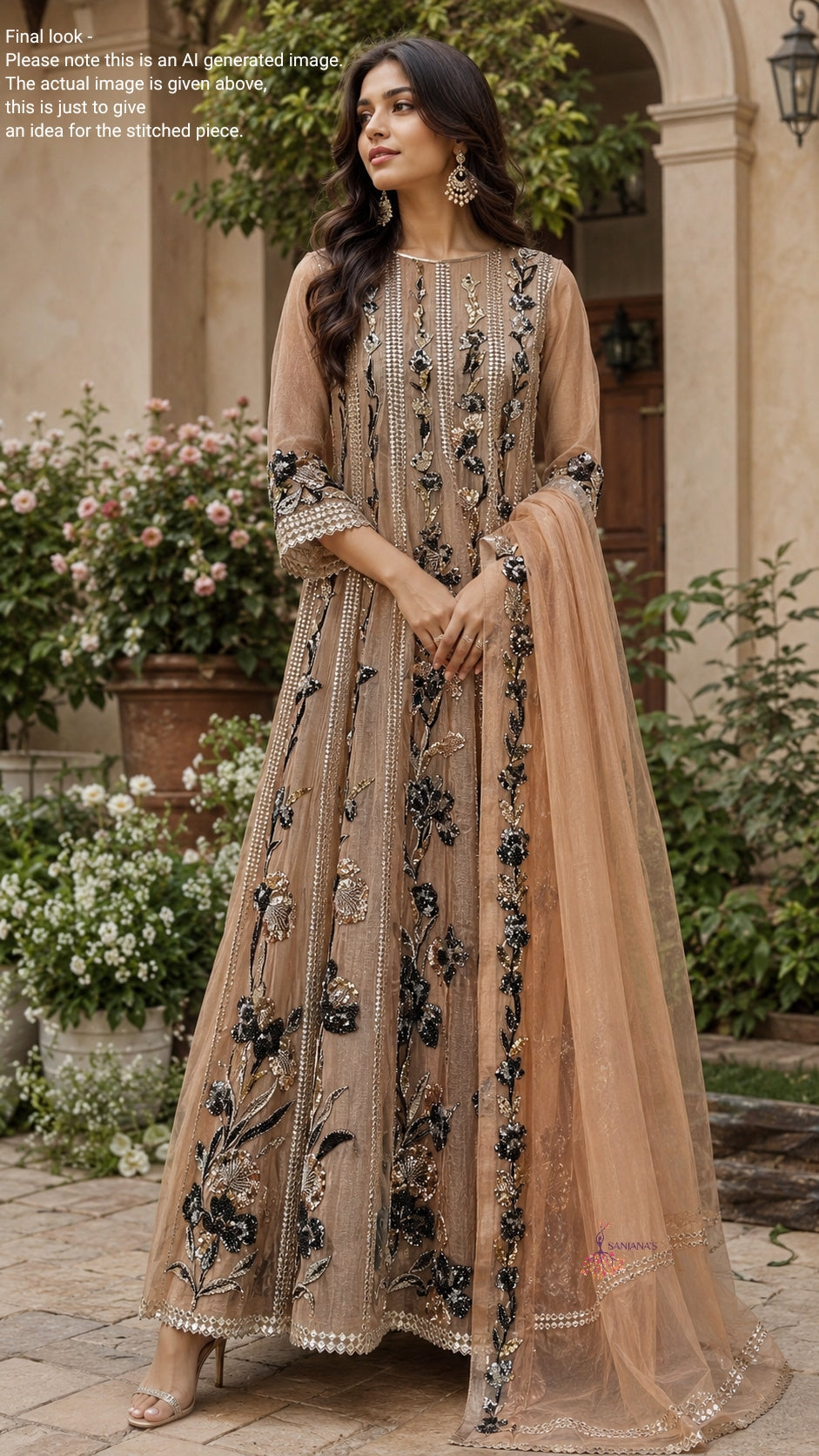 Peach Salsa Vertical Mirror Floral Anarkali