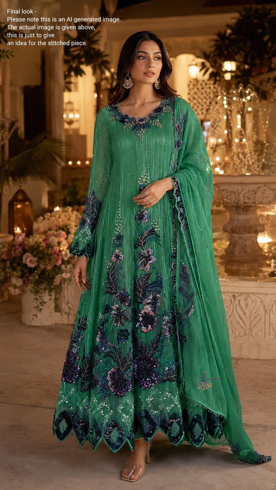 Electric Green Shimmer Pleated Black Diamond Anarkali