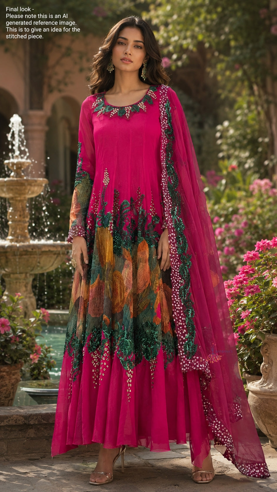 Fusia Print Textured Organza Anarkali
