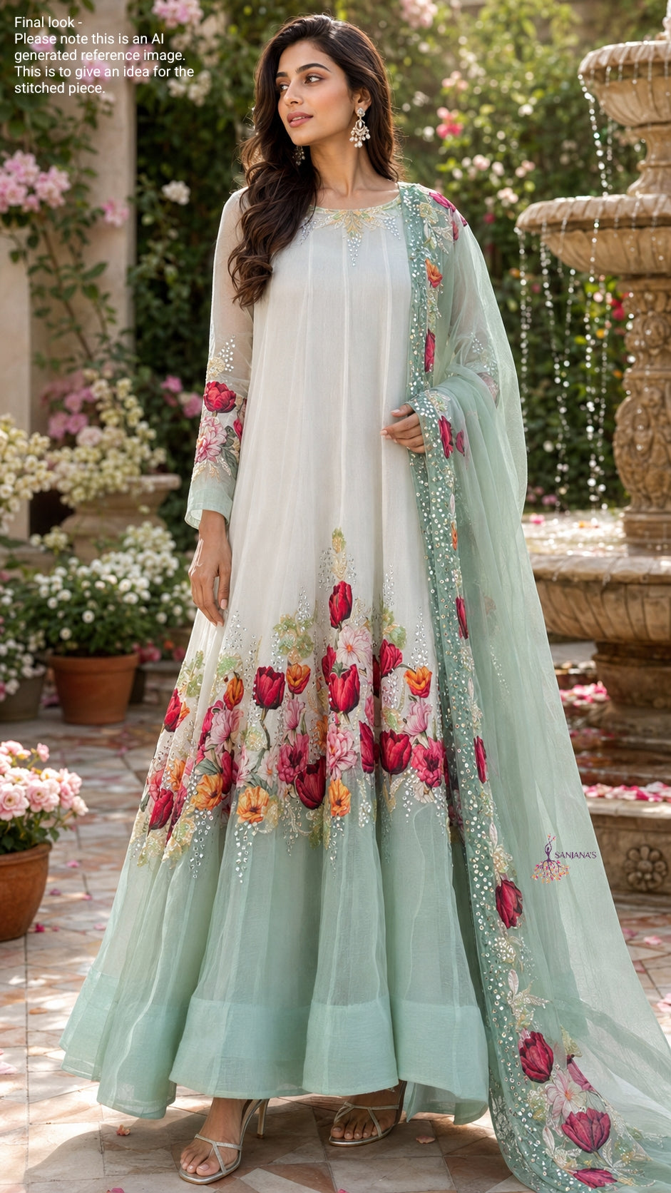 Mint Green White Border Print Anarkali