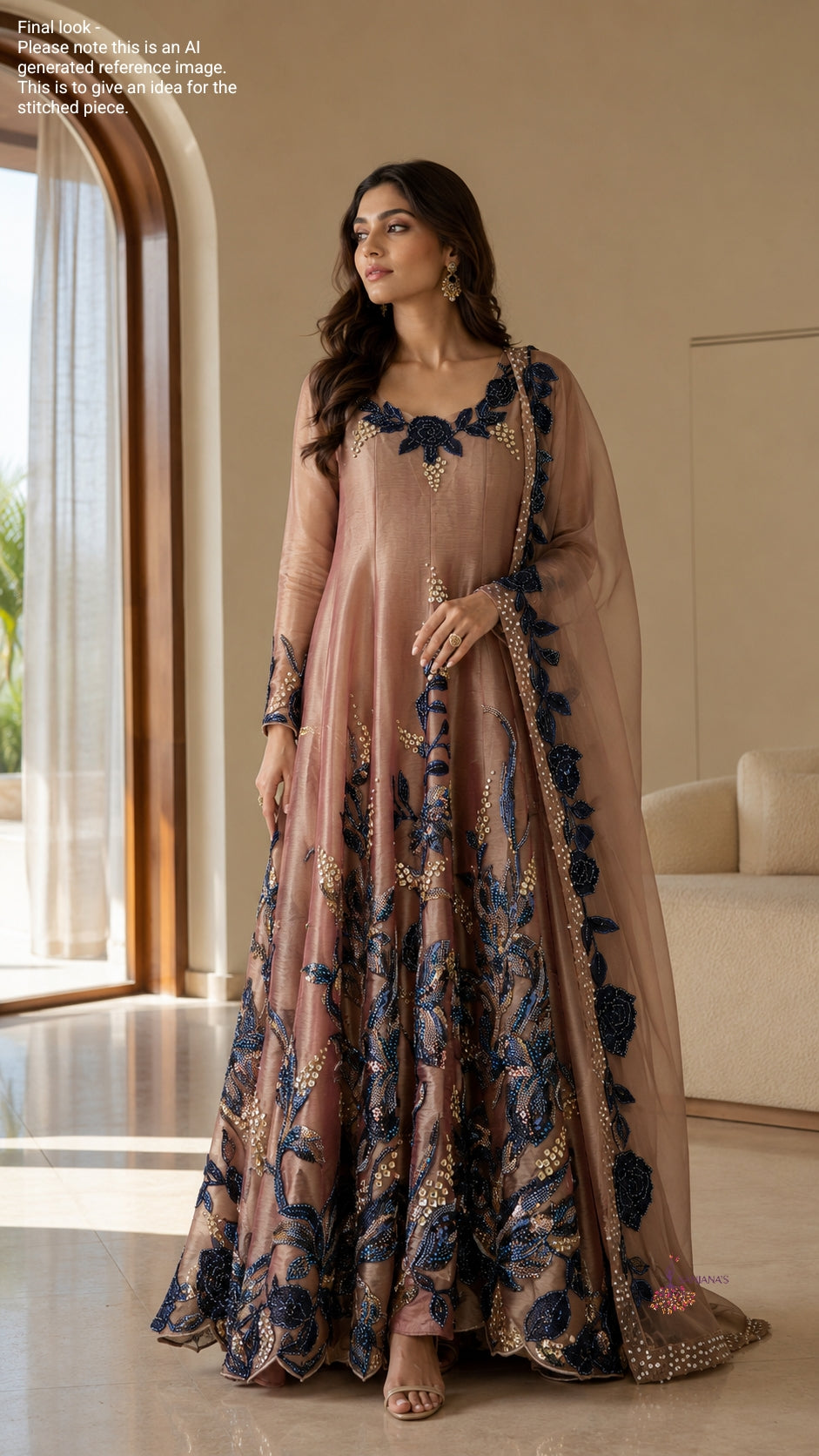 Copper Blue Medium Cutdana Floral Organza Tissue Anarkali
