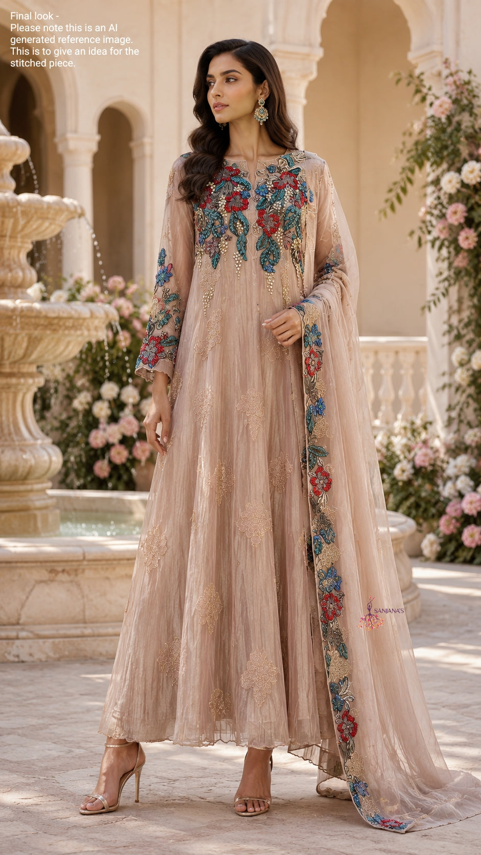 Rose Gold Salsa Yoke Embroider Booti Ghera Anarkali Jacket