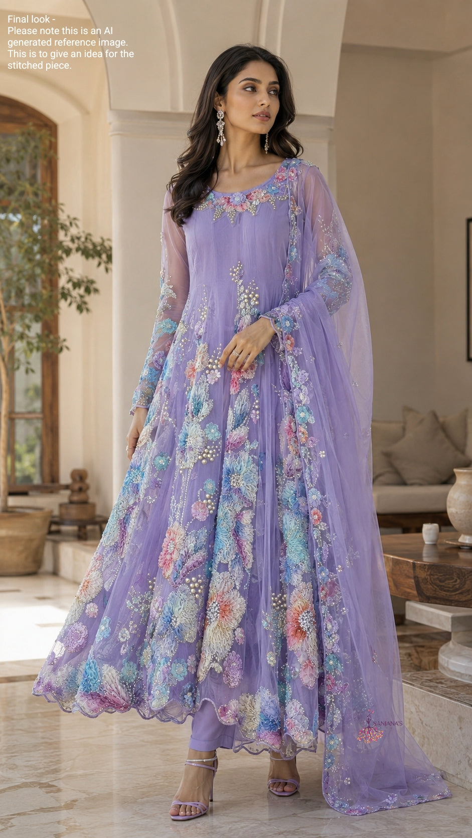Lavender Bubble Blue Ribbon Printed Anarkali