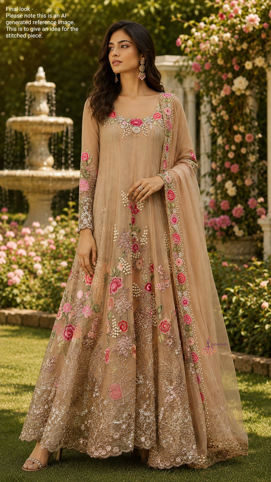Dark Beige Embroidered Net Border Red Floral