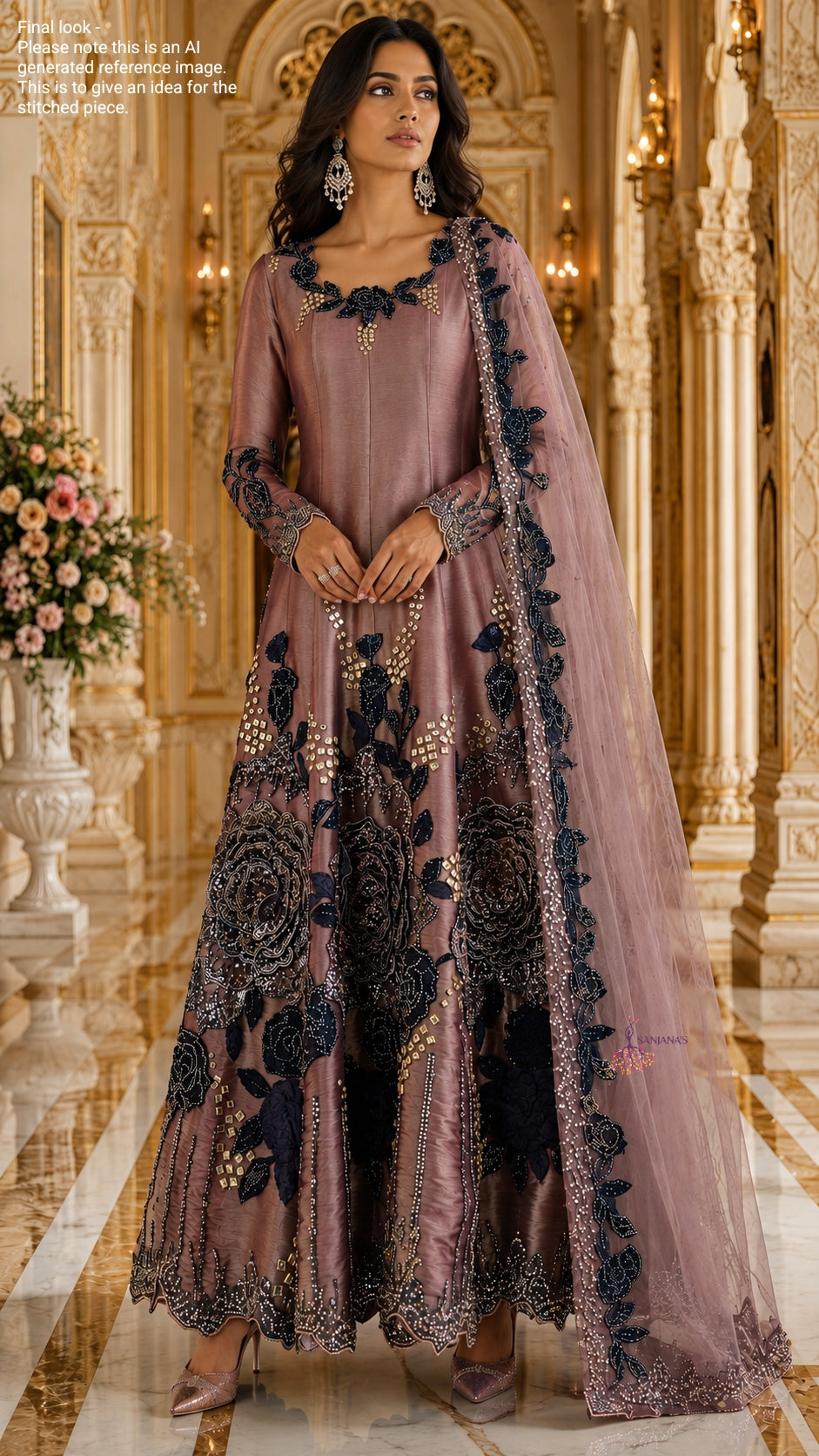 Purple Organza Tissue 3D Booti Navy Floral Anarkali
