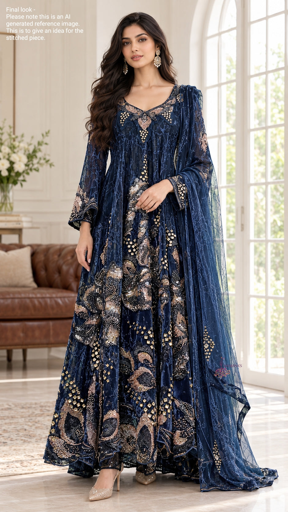 Navy Blue Textured Lycra Big Cutdana Anarkali
