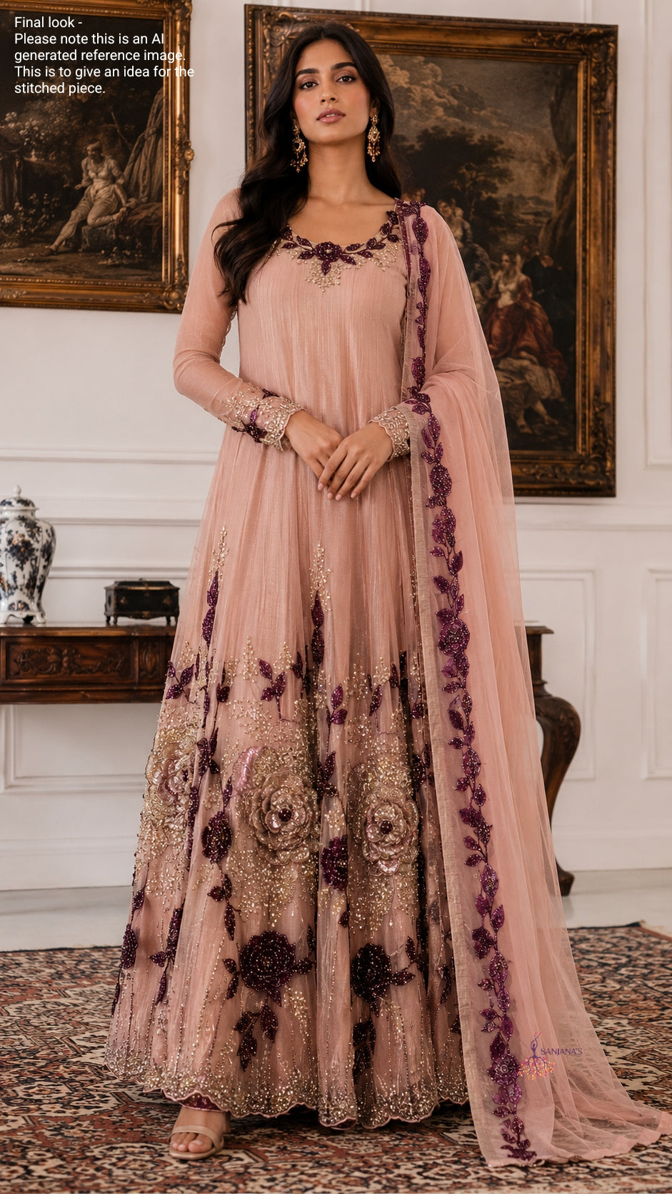 Pink Salsa crush 3D Booti Purple Floral Anarkali