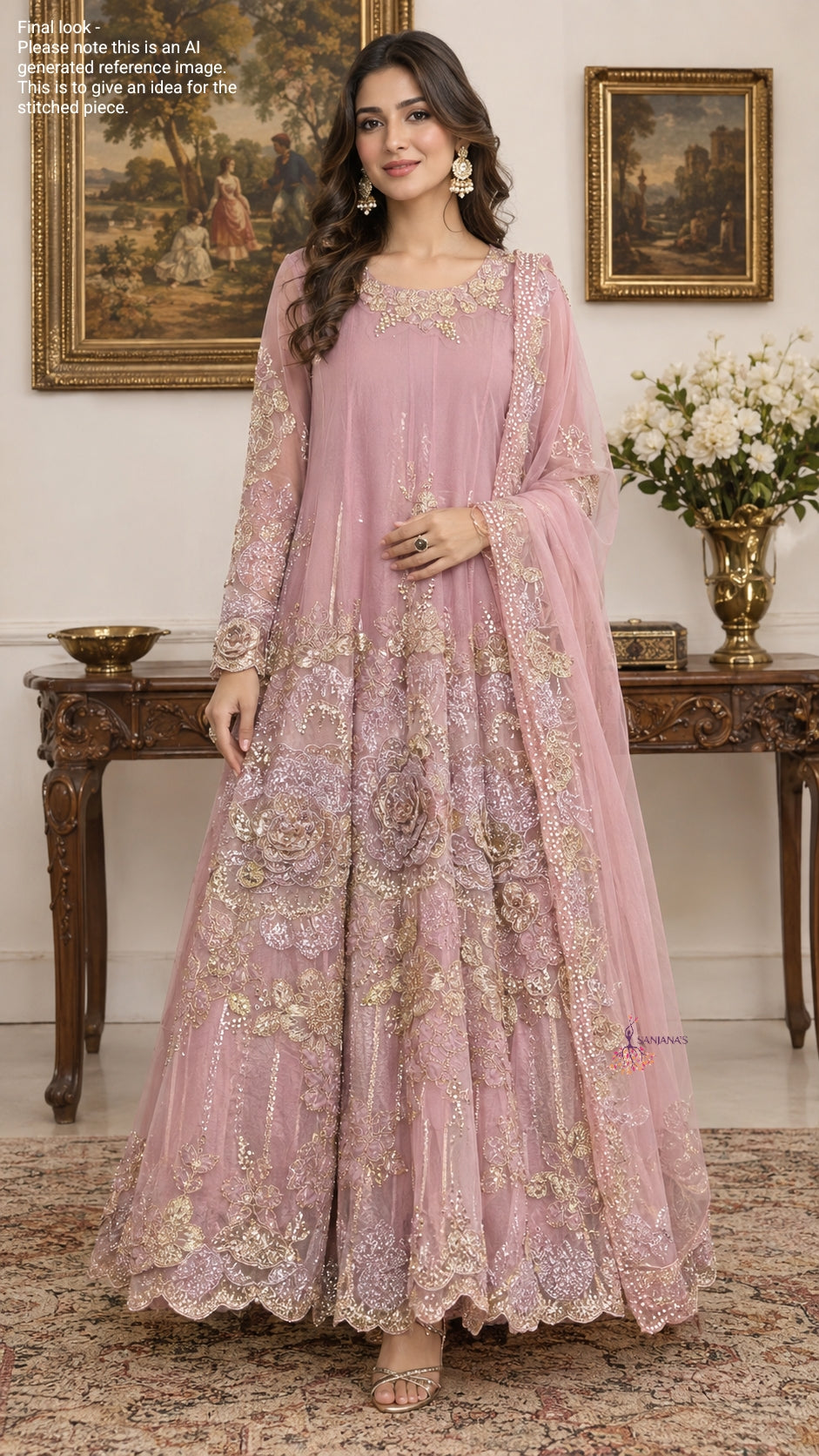 Onion Pink Bubble Organza 3D booti Lilac Floral Anarkali
