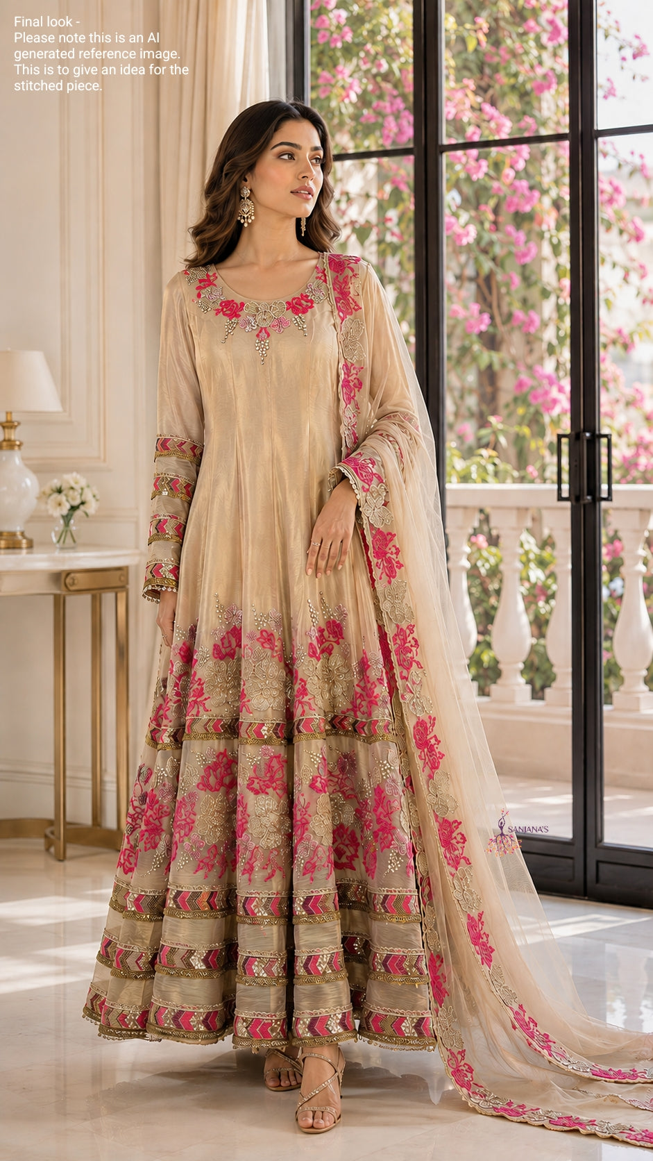 Light Gold Crush Organza Fusia Border Style Anarkali