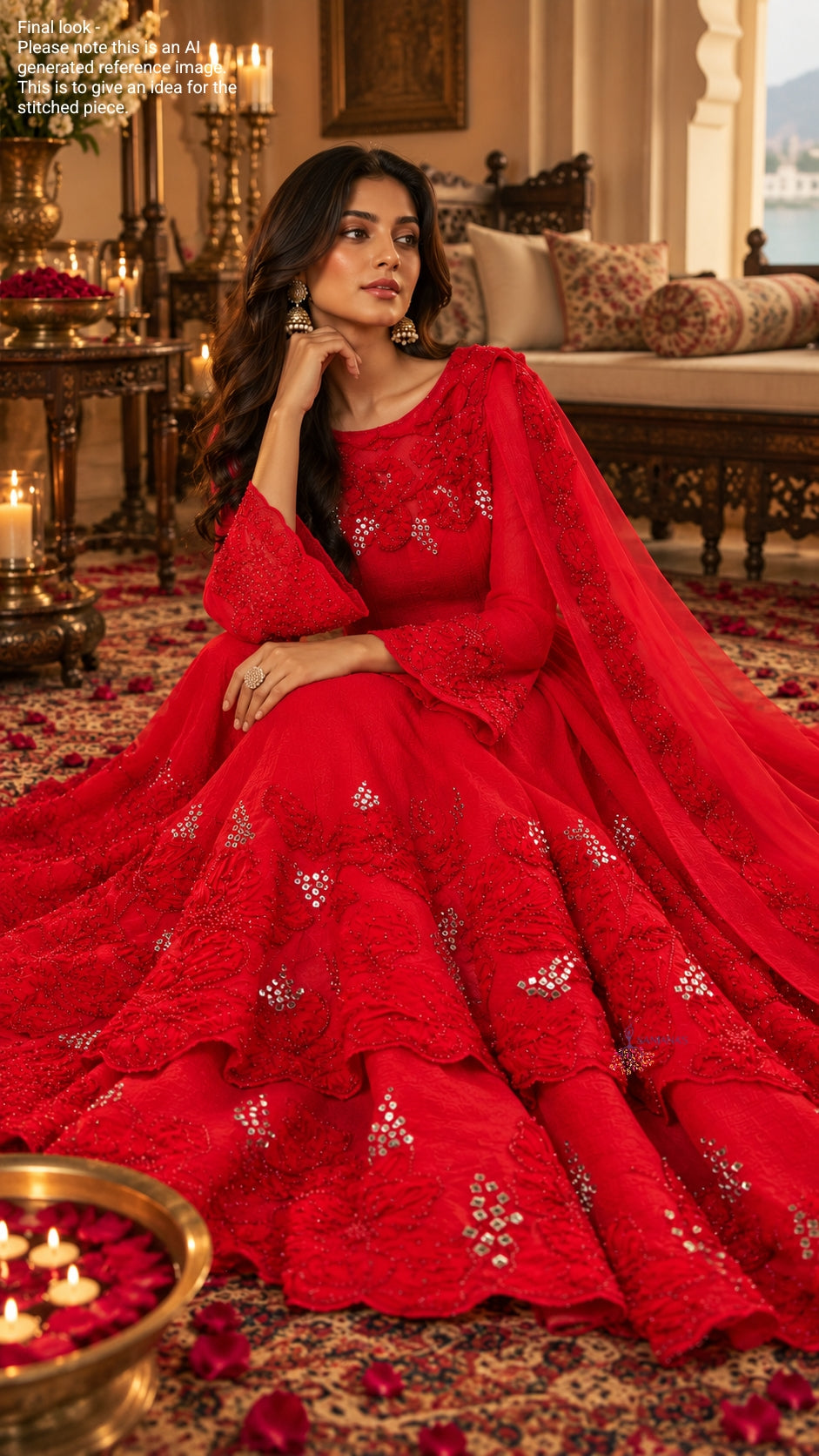 Red Monotone Ribbon Bubble Organza Double Layer Anarkali