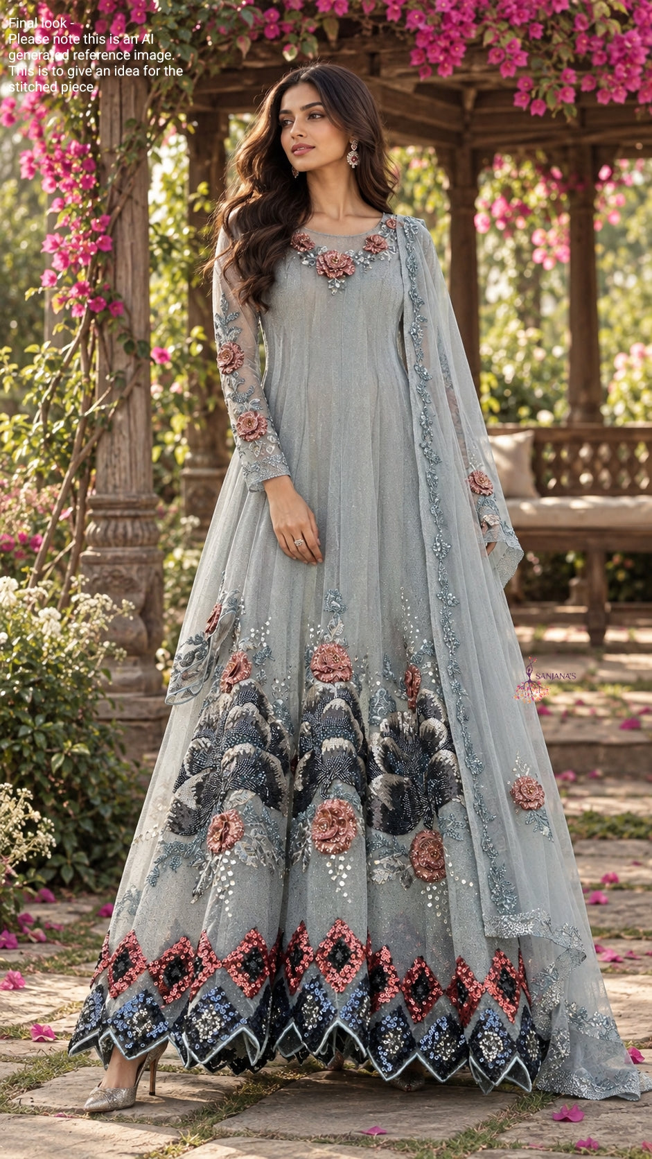 Blue Glitter Organza Rust Navy Boota Anarkali