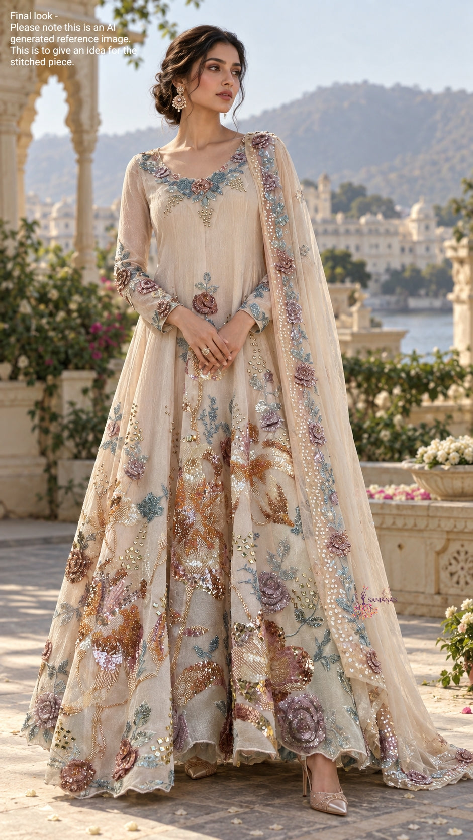 Reshmi Big Flower Bubble Organza Blue Touch Anarkali