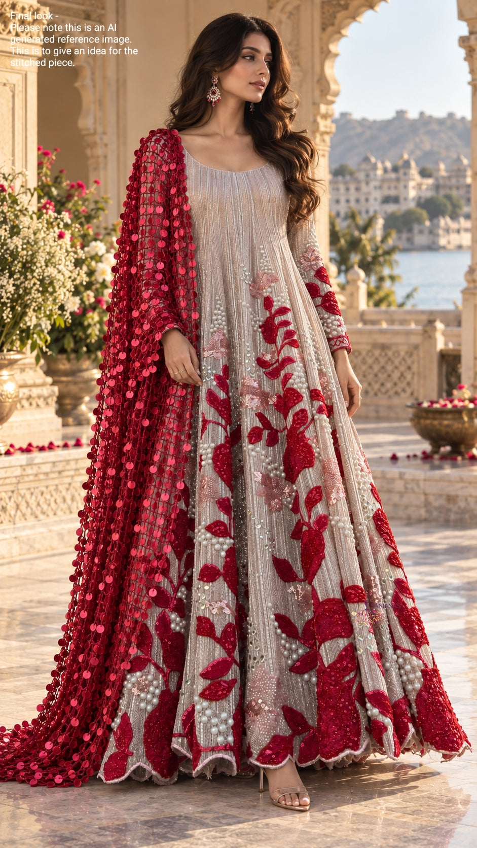 Light pink Shimmer Pleated Rani Pink Mesh dupatta Anarkali