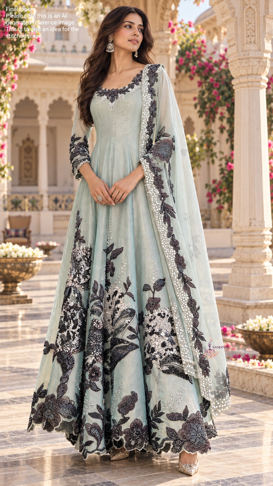 Light Blue Green Crush Tissue Big Blue Cutdana Anarkali
