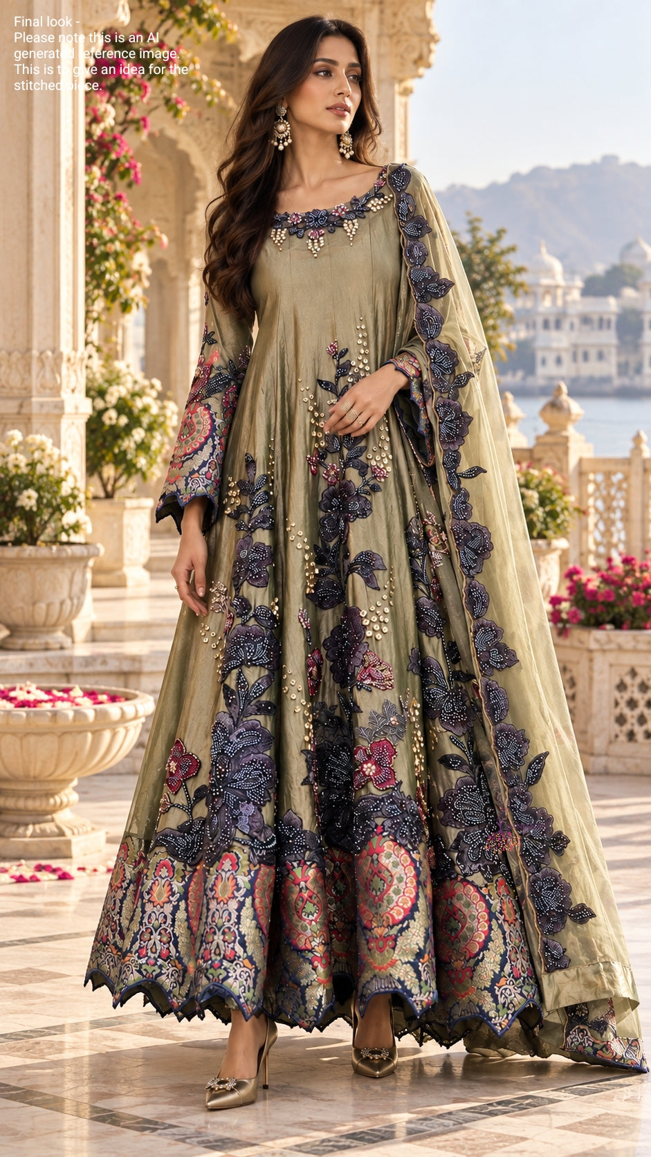 Olive Green Soft Tissue Navy Brocade Anarkali