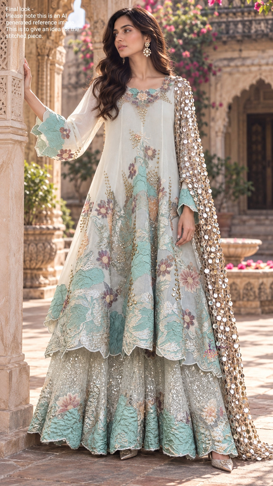 White Double Layer Mesh Sequin Turk Brocade Anarkali
