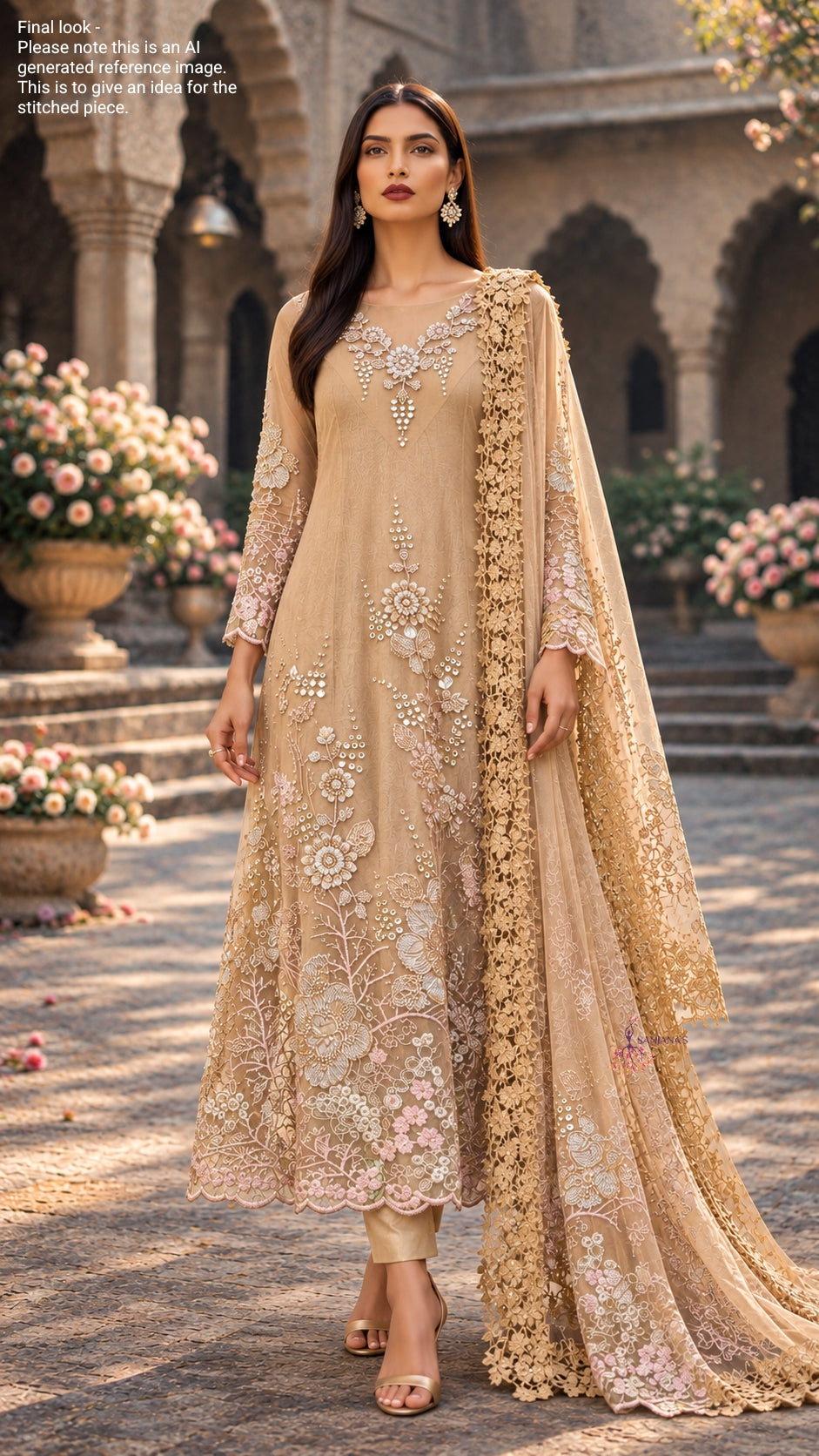 Dark Beige Bubble Embroidered Border Aline
