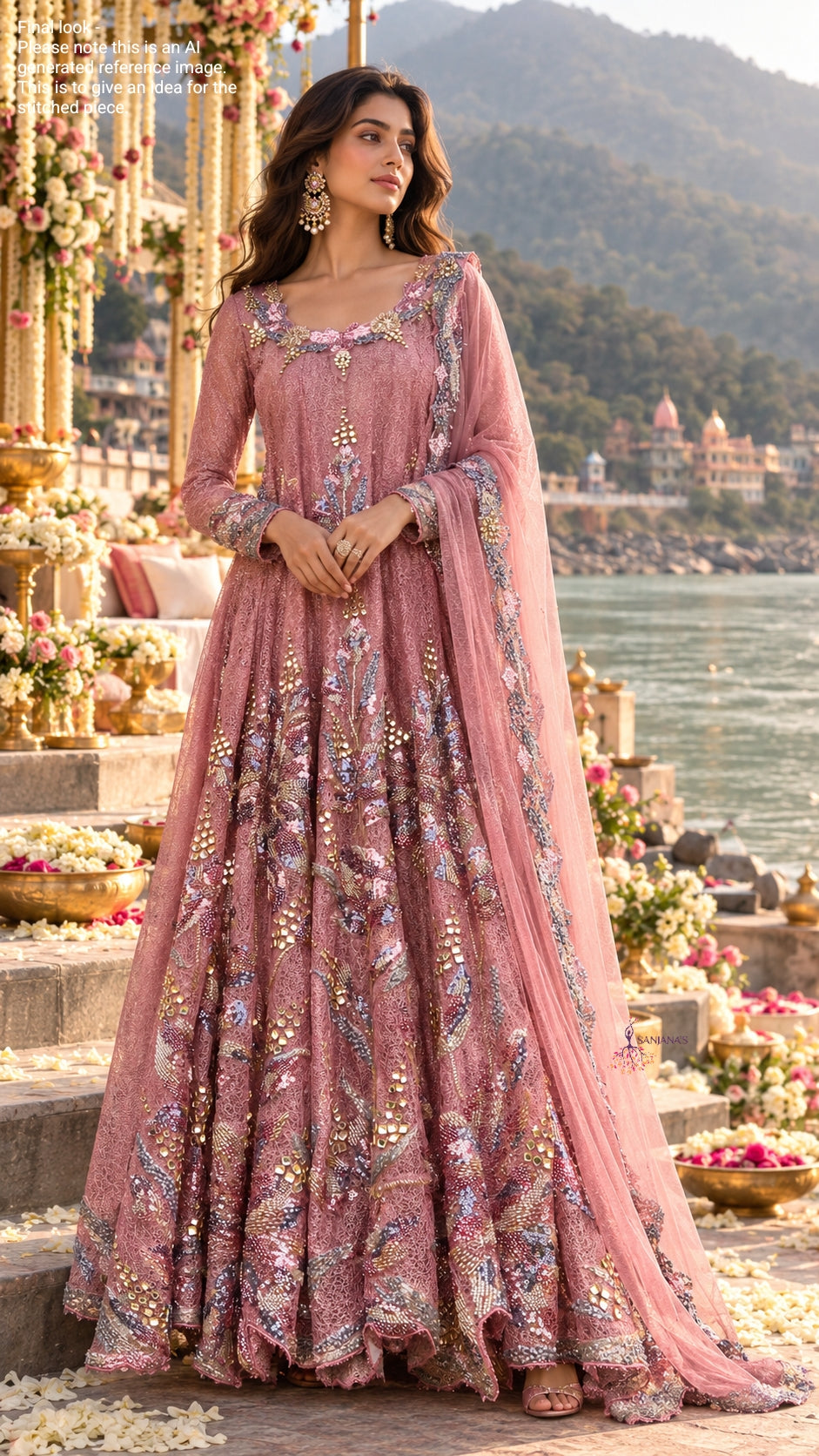 Pink Spider Mesh Meduim Cutdana Anarkali