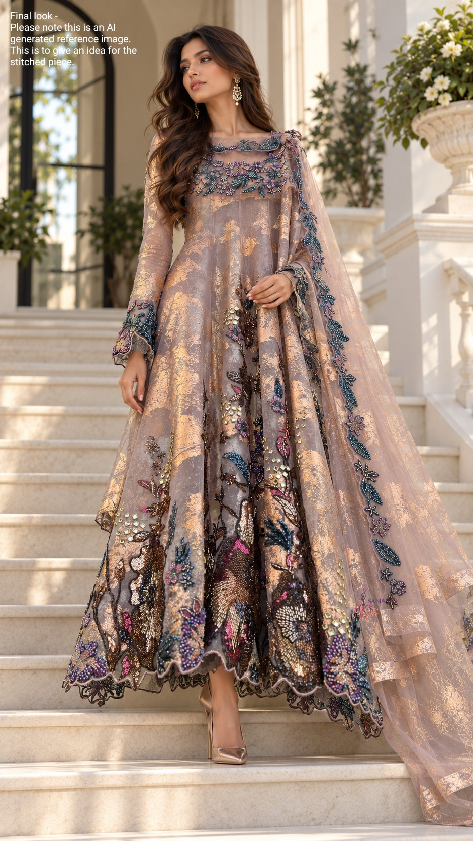 Rose Gold Foil Organza Medium Cutdana Anarkali