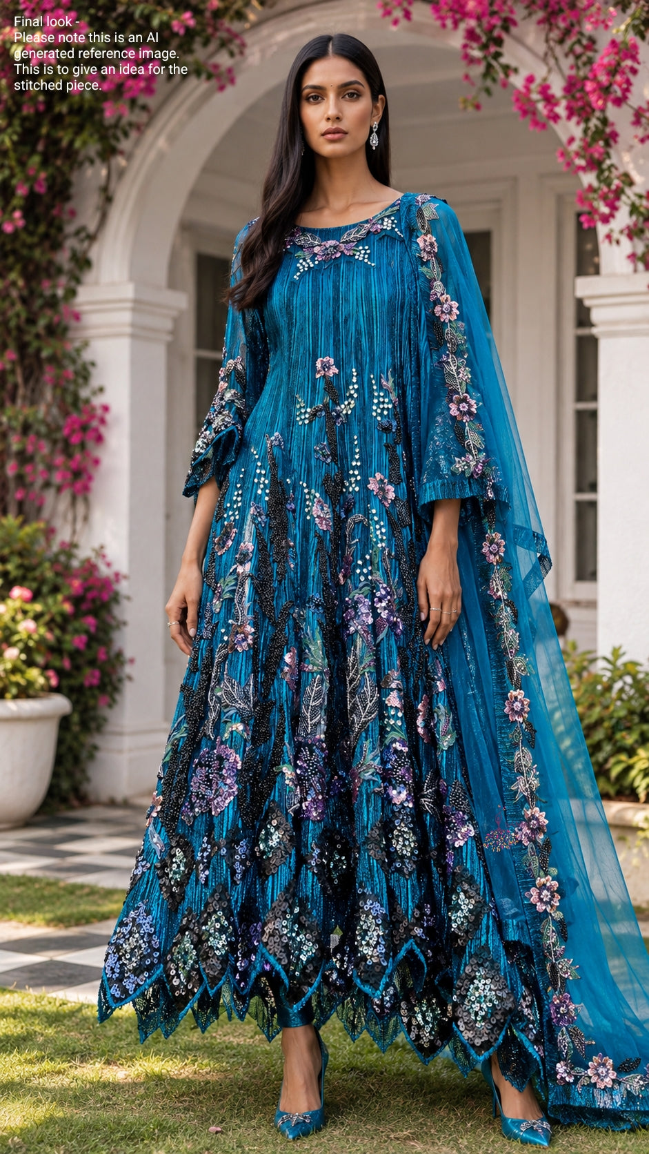 Electric Blue Shimmer Pleated Black Diamond Anarkali