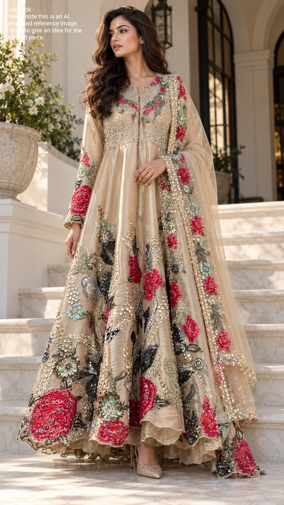 Light Gold Organza Tissue Ruby Touch Pearl Mesh Yoke Jacket Anarkali