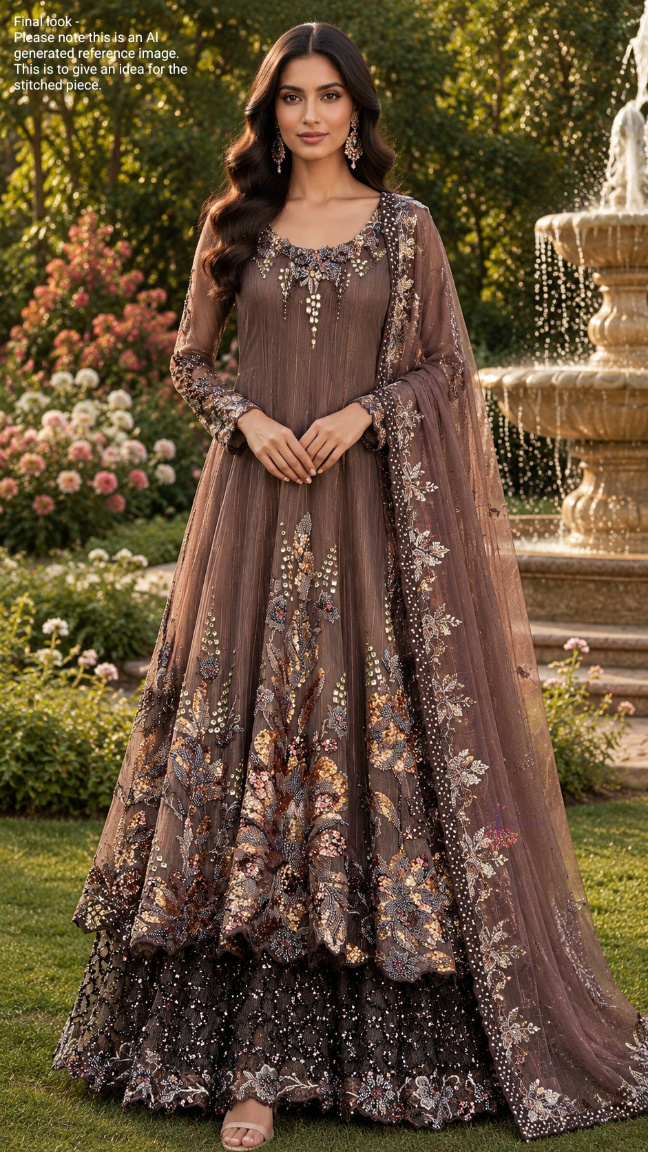 Brown Pin stripe Organza big Cutdana Double Layer Anarkali
