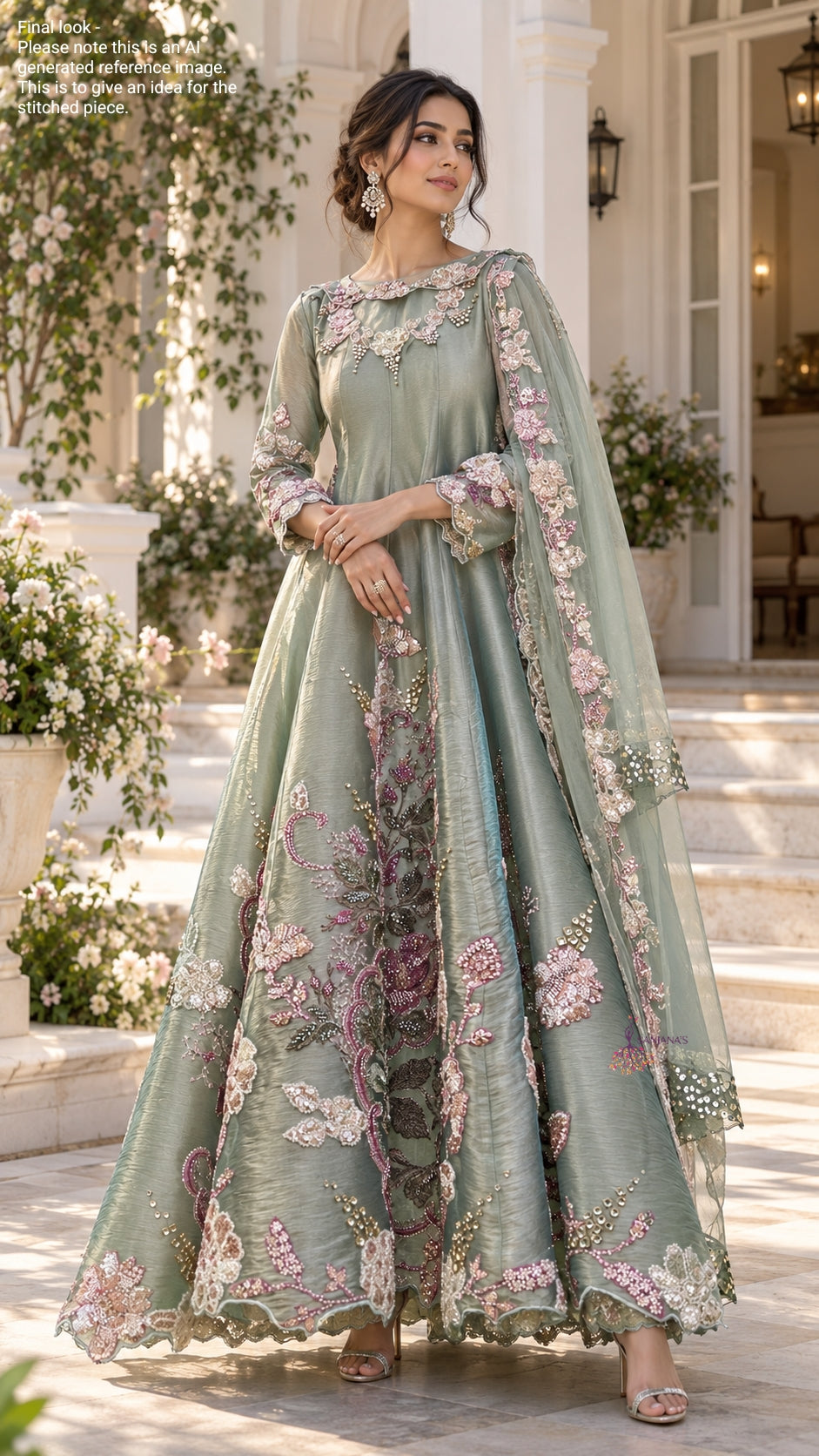 Green Swirl Pink Organza Tissue Anarkali