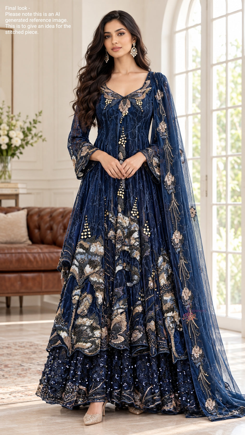 Navy Textured Lycra Big Cutdana Double Layer Anarkali