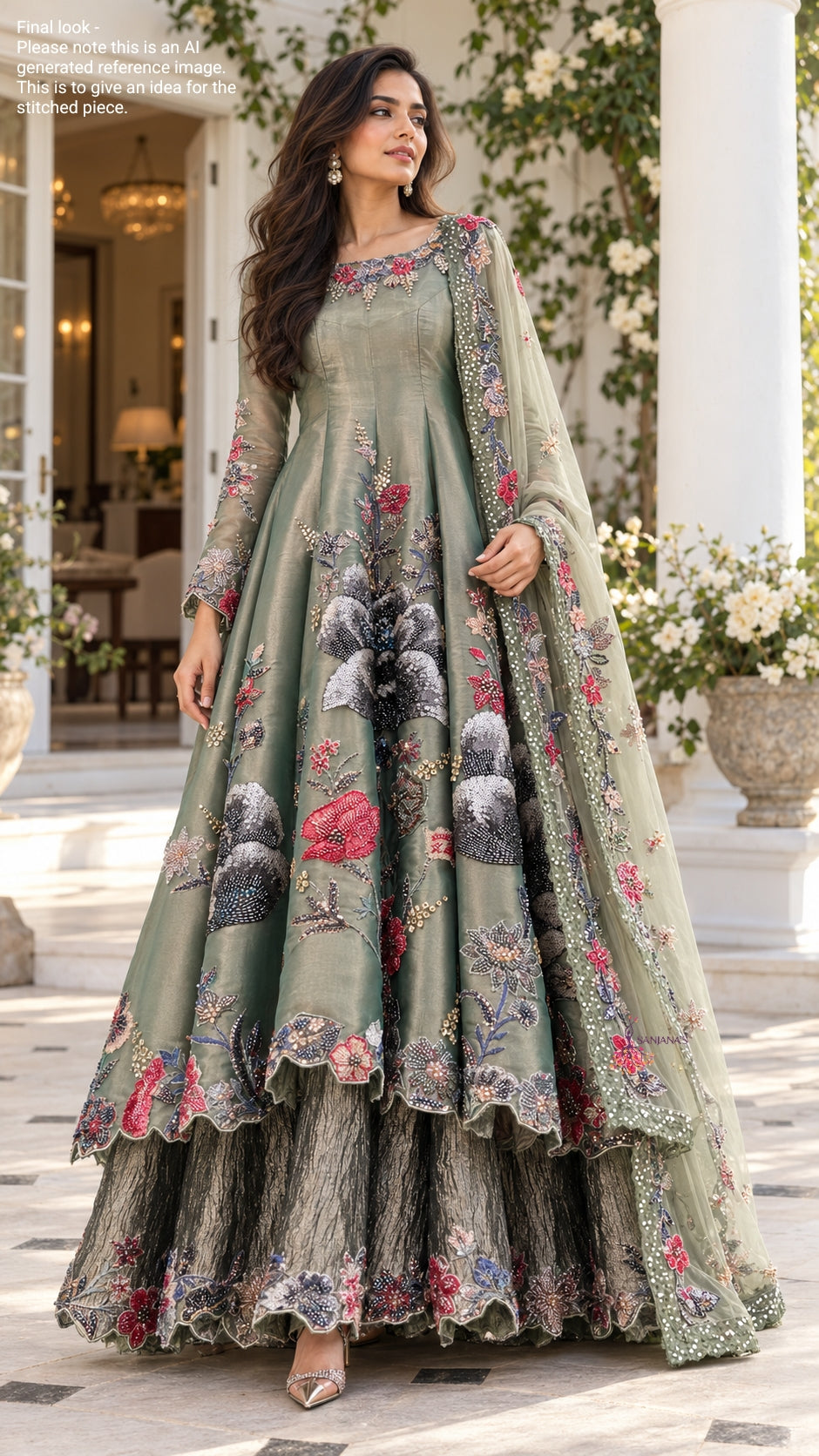 Green Flat tissue Big cutdana Crush tissue double layer Anarkali