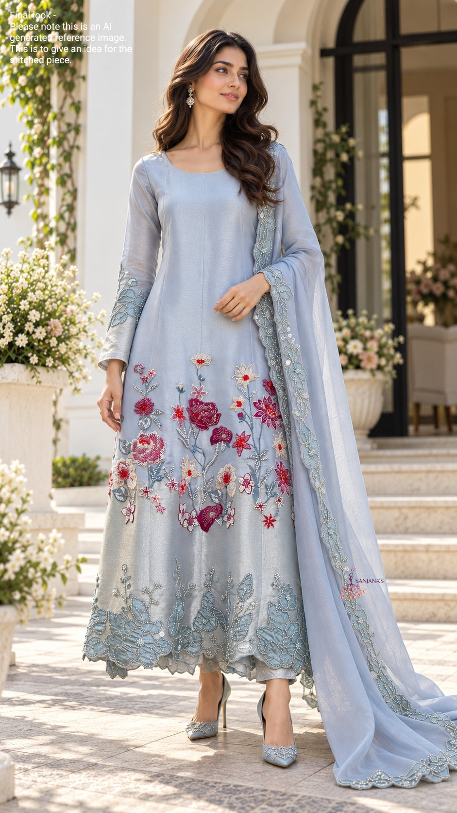 Sky Blue Satin Tissue Floral Aline